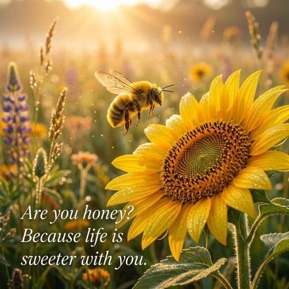 Best bee pickup lines image featuring a realistic honeybee flying over a sunflower with a sweet romantic pickup line in a golden nature setting.