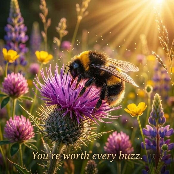 Bumble bee pickup lines image showing a realistic fuzzy bumblebee on a purple flower with a sweet romantic quote.