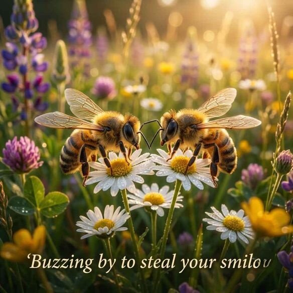 Cute bee pickup lines image with two realistic honeybees on white flowers featuring a sweet romantic message in a natural garden.
