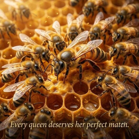 Queen bee pickup lines image showing a realistic queen bee inside a honeycomb with an elegant romantic message.