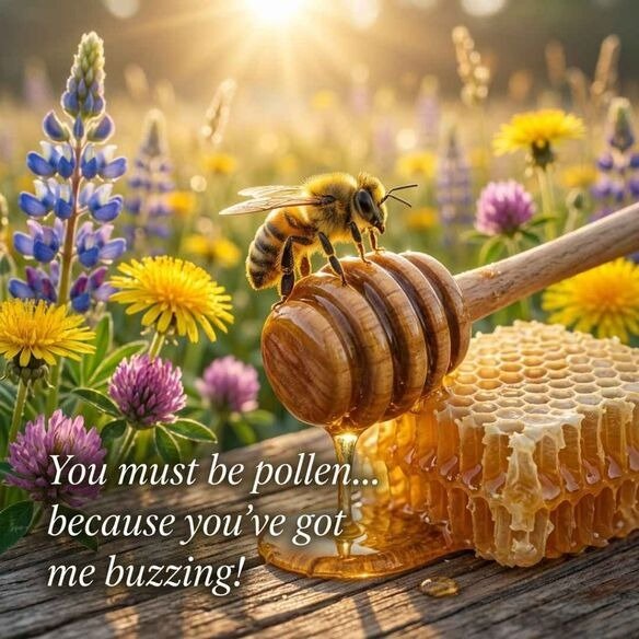 Funny bee pickup lines image showing a realistic honeybee on honeycomb with a humorous bee-themed pickup line and warm golden lighting.