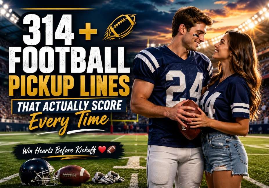 Football pickup lines featured image showing a realistic couple on a professional football field under cinematic stadium lights with the title "314+ Football Pickup Lines That Actually Score Every Time", creating a premium sports-themed