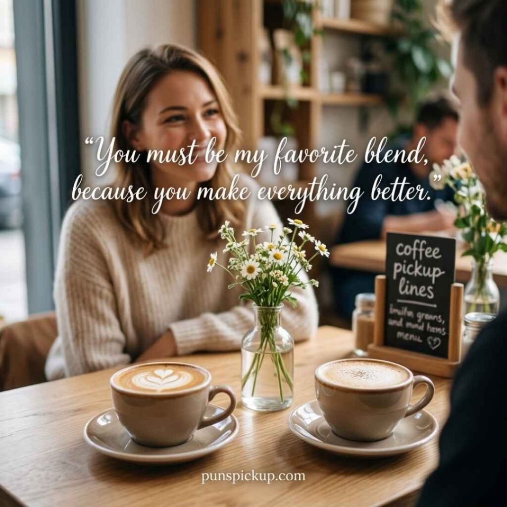 Cute and cheesy coffee pickup lines shown with heart-shaped latte art, two cappuccino cups, soft café lighting, and a sweet romantic message.