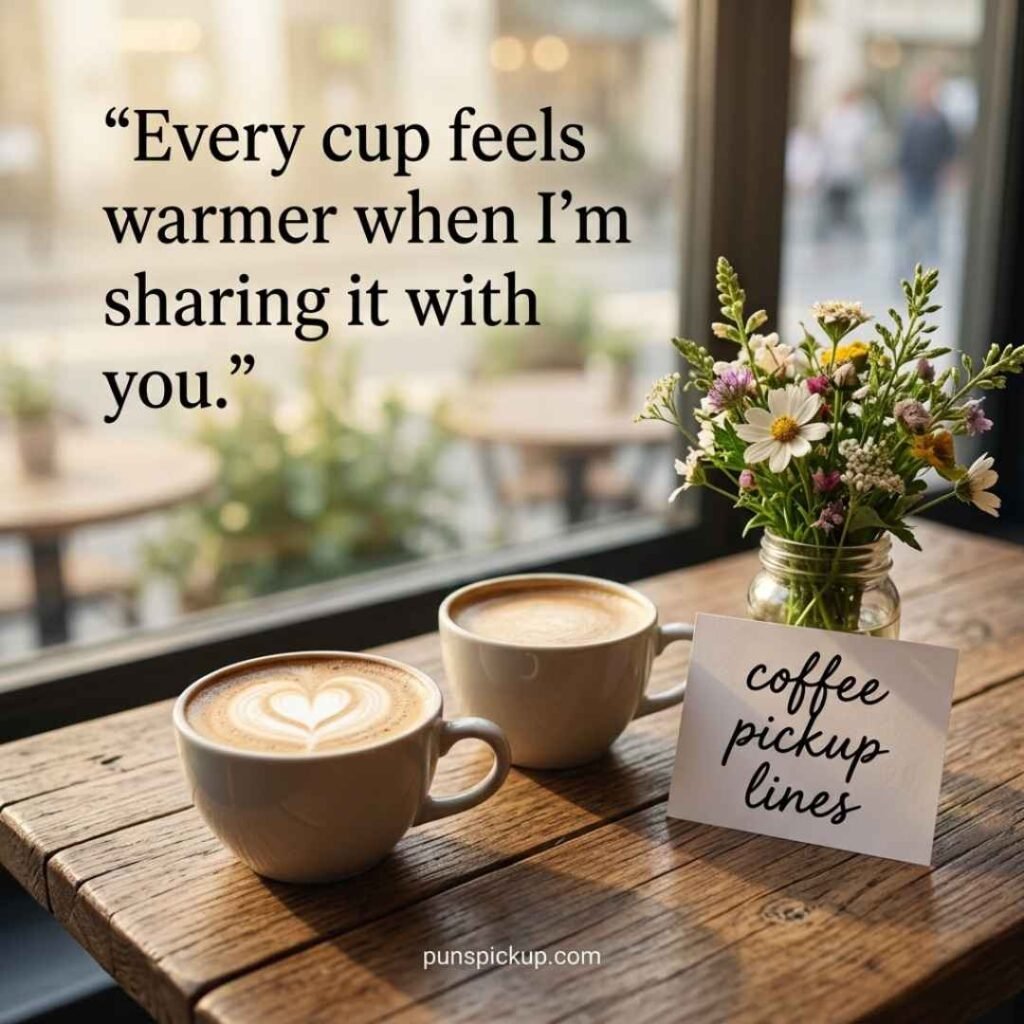 A heartfelt café scene with coffee cups and fresh flowers, featuring a sweet romantic message and elegant coffee pickup lines typography.