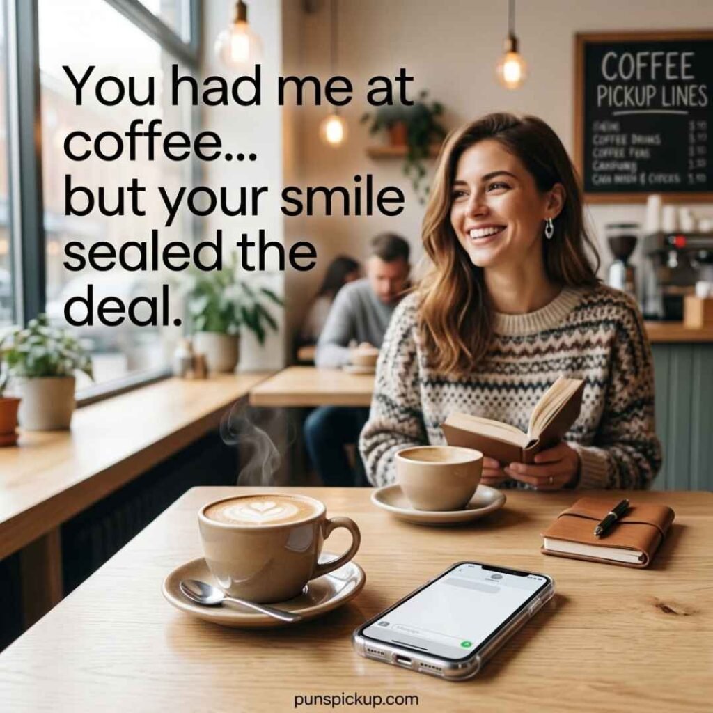 Playful and flirty coffee pickup lines displayed in a modern café with latte art, coffee cups, a smartphone, and a confident romantic atmosphere.