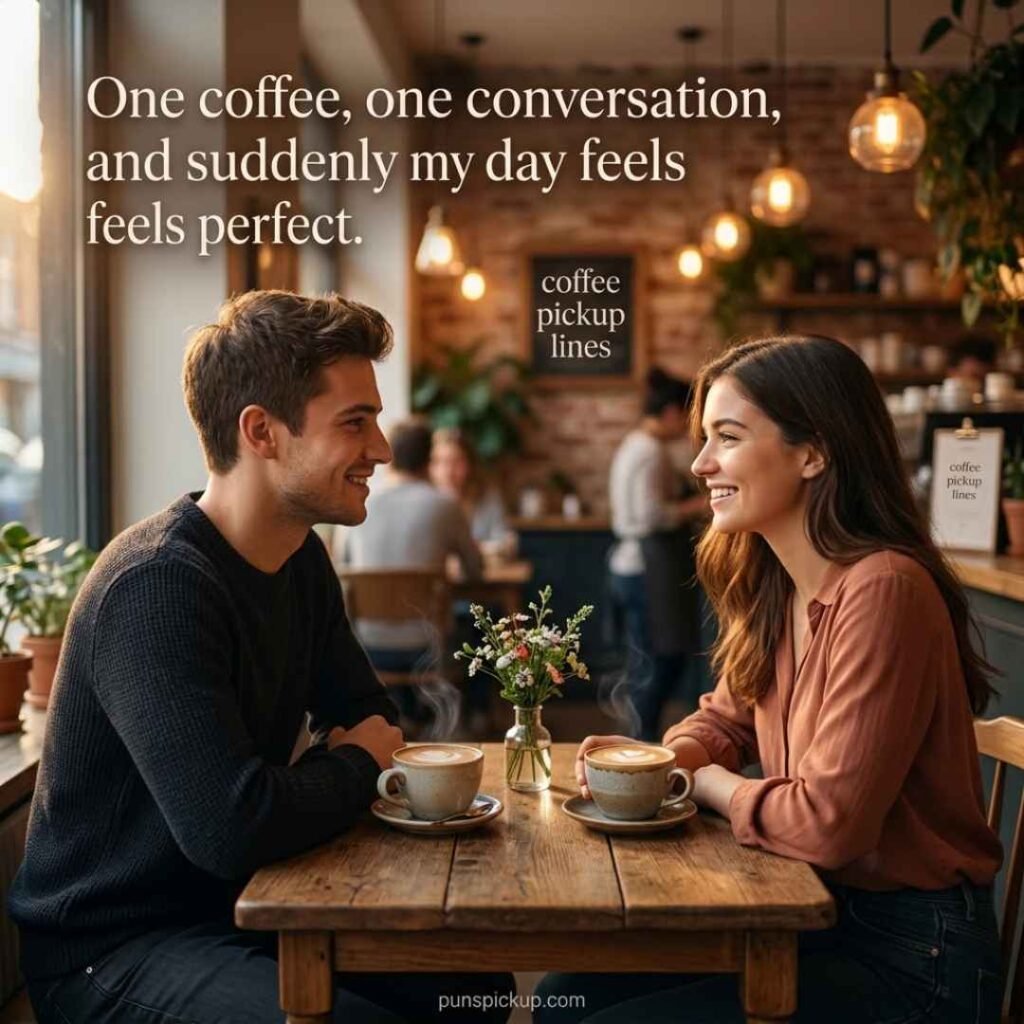 Romantic café conversation featuring two coffee cups, fresh flowers, warm lighting, and a sweet message inspired by coffee pickup lines.