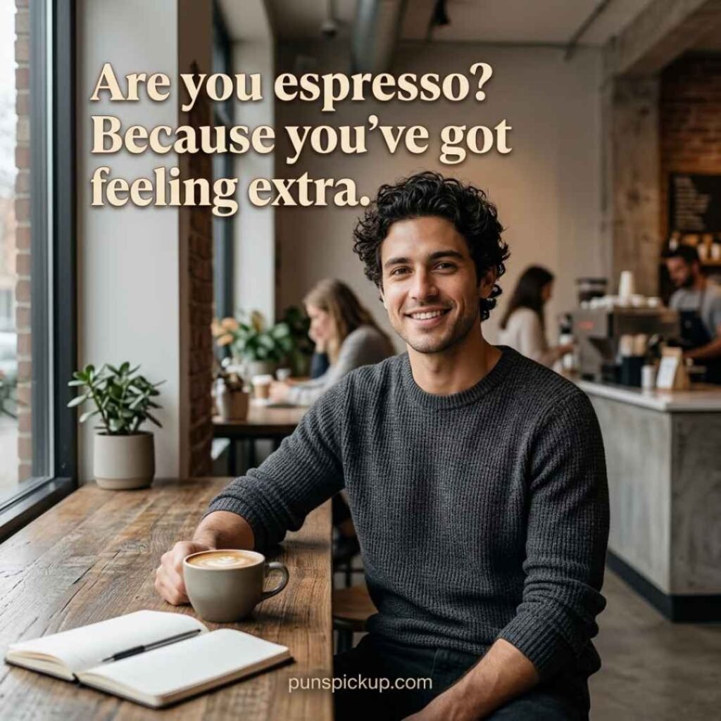 Coffee pickup lines for him featuring a confident young man enjoying fresh coffee in a stylish modern café with a playful flirting message.