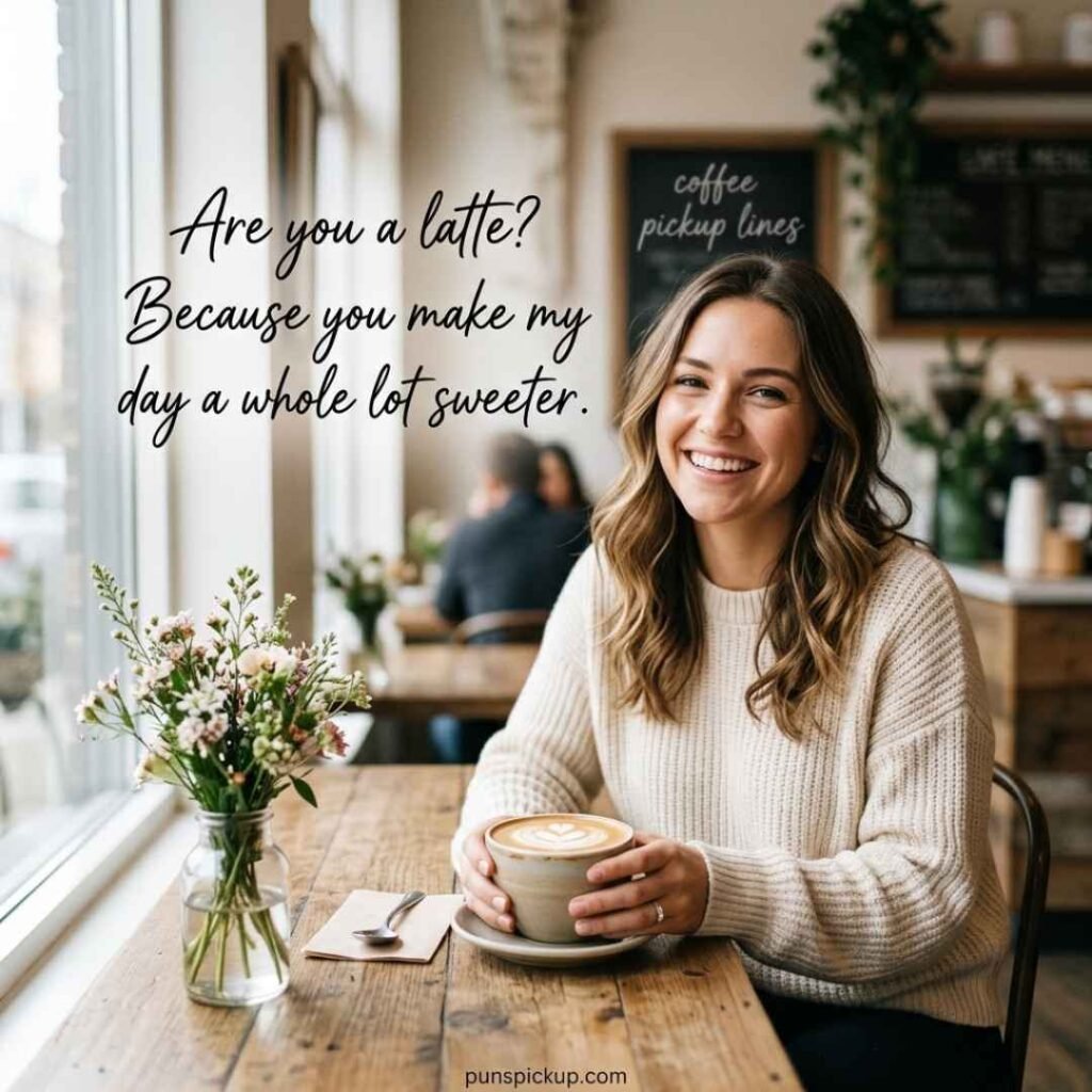 A smiling woman enjoying latte art in a cozy café with a sweet flirting message and natural coffee pickup lines branding.
