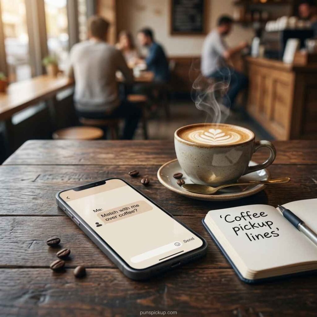 Coffee pickup lines for Tinder and dating apps shown with a smartphone, coffee cup, and playful dating message in a realistic modern café.