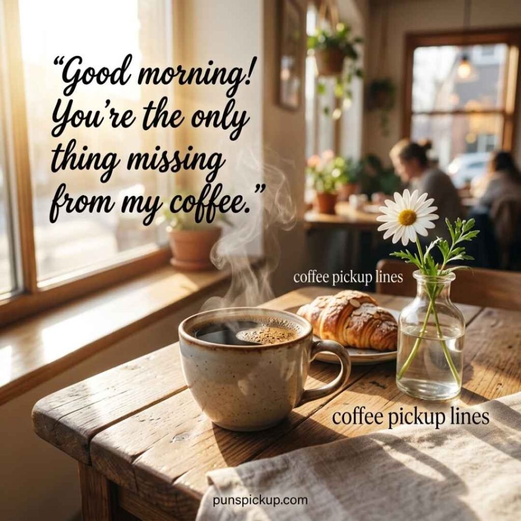 Morning coffee pickup lines with a steaming fresh coffee cup, golden sunrise through a café window, breakfast pastry, and an early-flirting message.