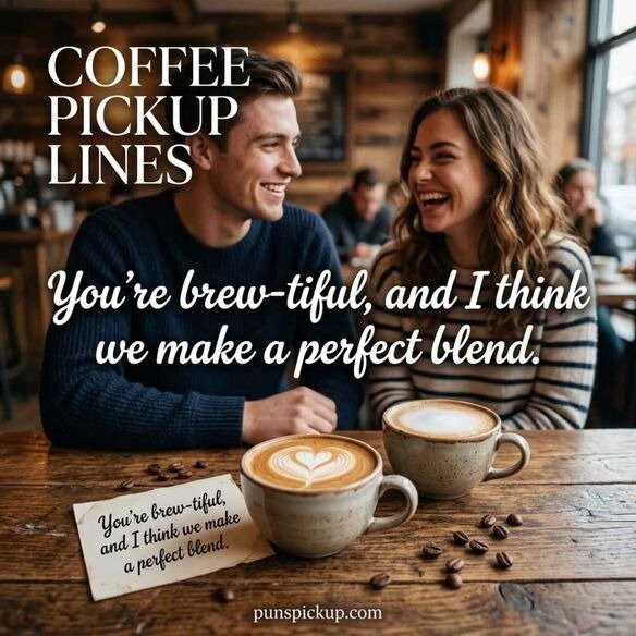 Cheesy coffee pickup lines that actually work, shown with heart-shaped latte art, two coffee cups, a playful romantic message, and a cozy café atmosphere.