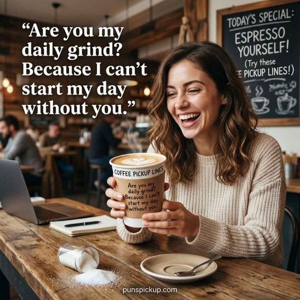 Funny coffee pickup lines featuring a playful coffee shop scene, steaming latte, humorous expression, and bold flirtatious coffee message in a realistic café setting.