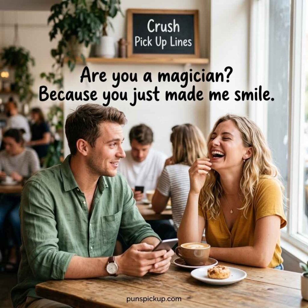 Funny Crush Pick Up Lines moment showing a young couple laughing together after a playful pickup line at a café.