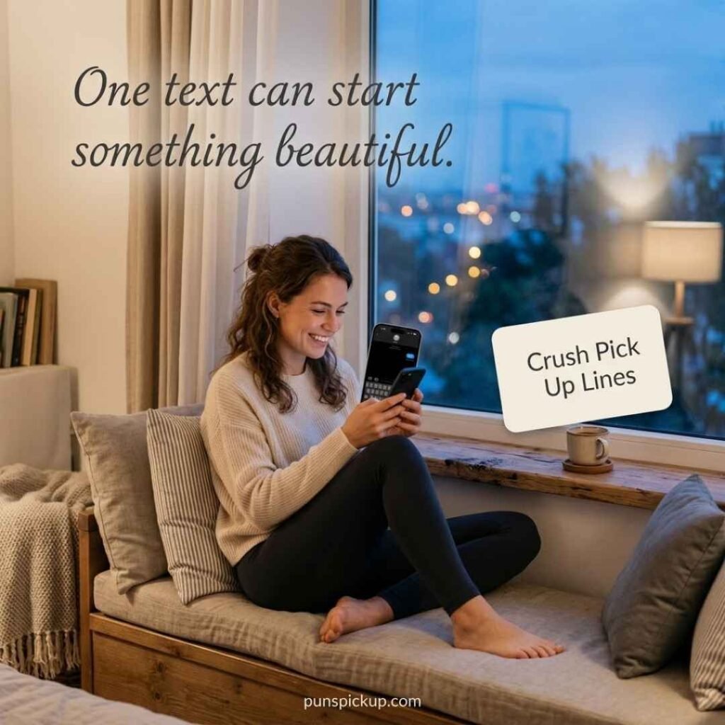 A woman texting her crush at home with Crush Pick Up Lines displayed naturally beside her smartphone.
