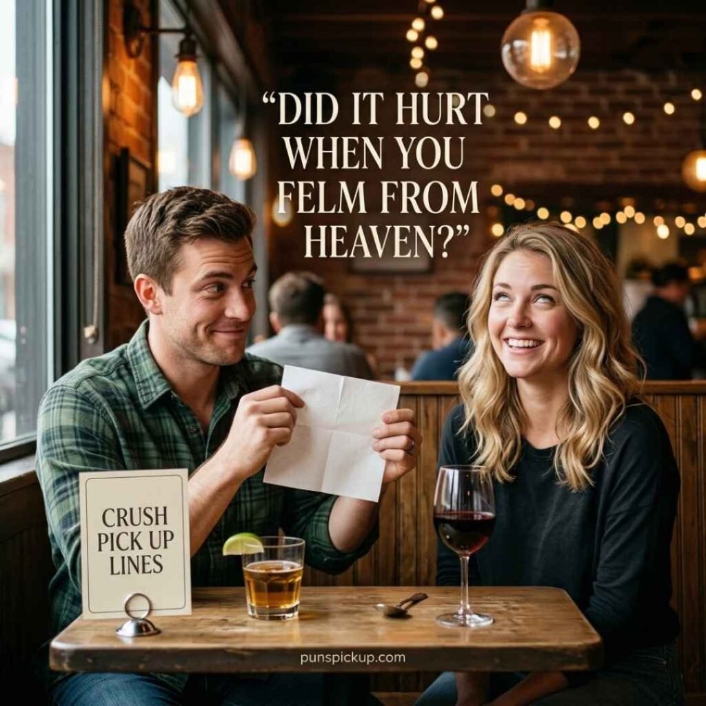 Cheesy Crush Pick Up Lines represented by a playful diner conversation between two young adults.