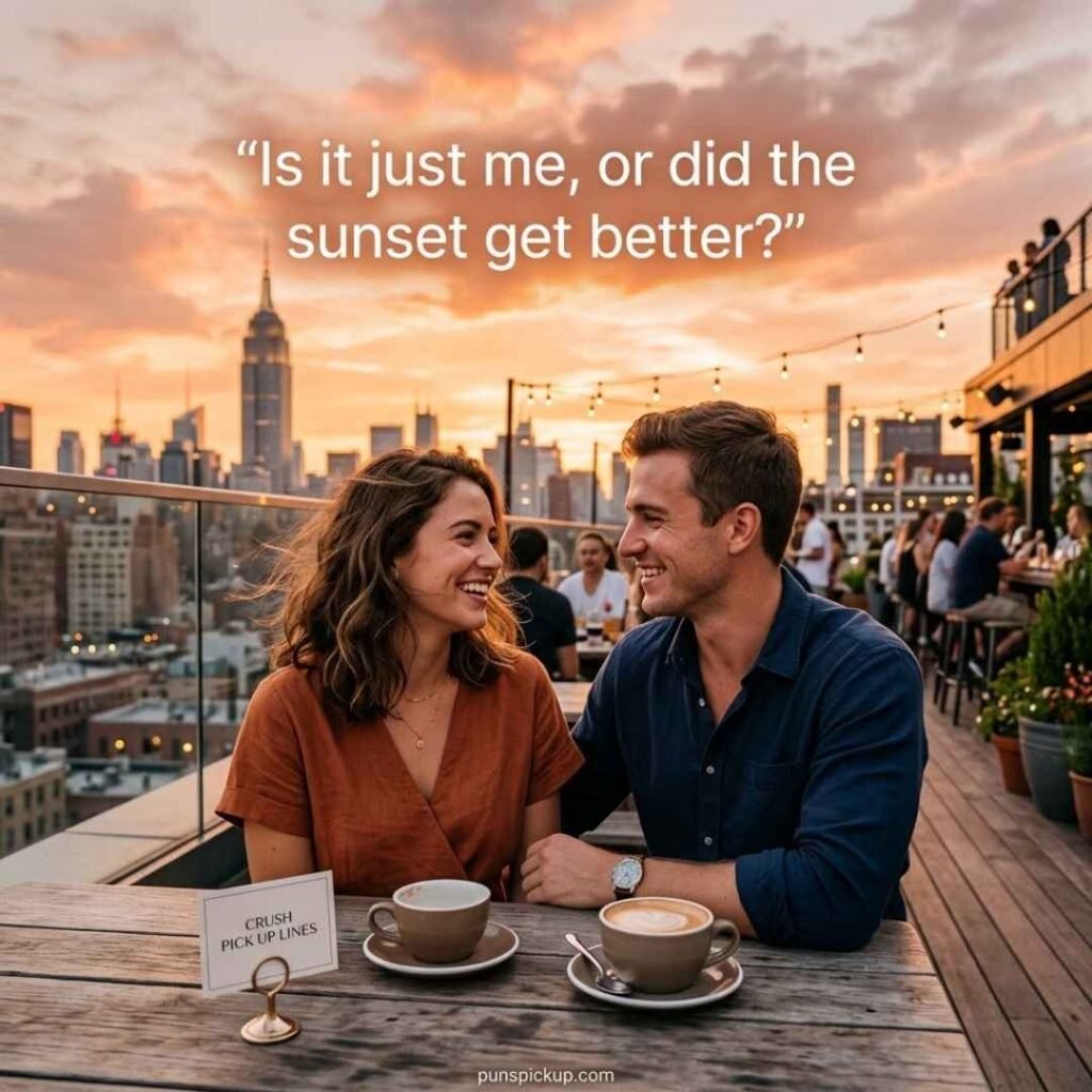 A young couple sharing playful eye contact at sunset with Crush Pick Up Lines featured on an elegant café card.