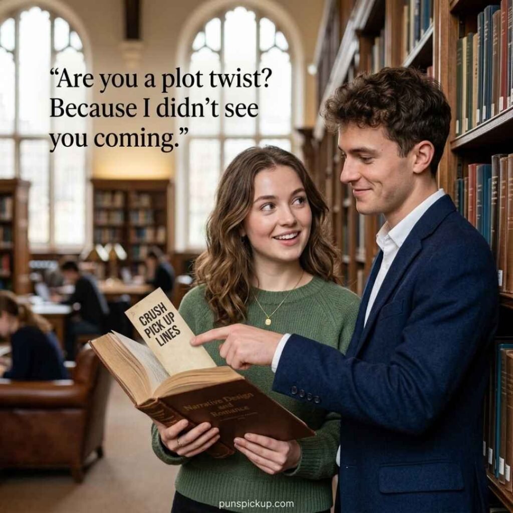 Crush Pick Up Lines appear on a bookmark as a clever young couple shares a playful conversation in a library.
