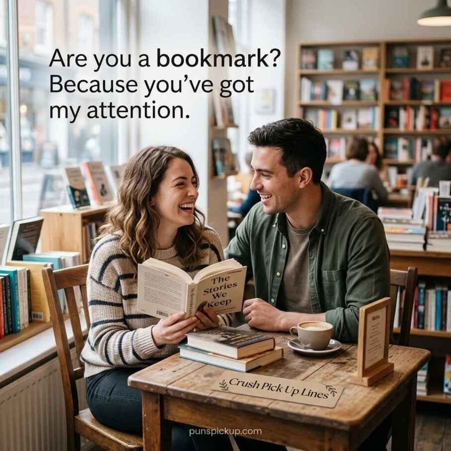 A laughing bookstore couple sharing a humorous pickup line, with Crush Pick Up Lines featured on a bookmark.