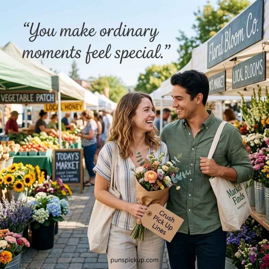 A charming farmers market moment featuring cute Crush Pick Up Lines and a smiling young couple near fresh flowers.