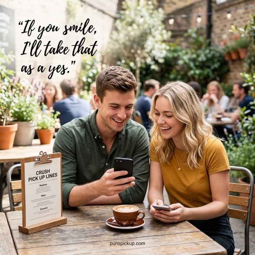 Crush Pick Up Lines scene showing a playful café conversation with a respectful flirty opener and natural expressions.