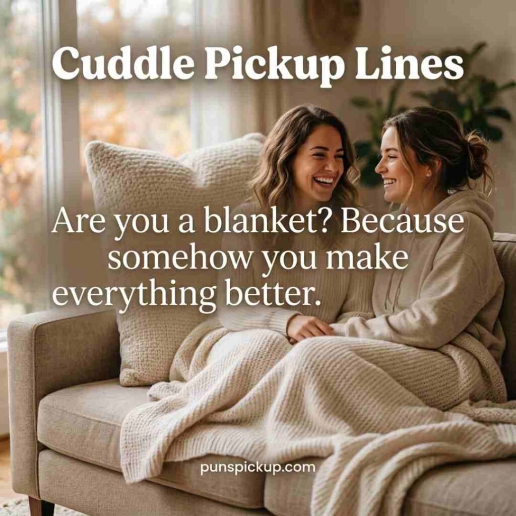 Funny Cuddle Pickup Lines image featuring friends laughing under an oversized blanket with a playful cozy quote and warm natural photography.