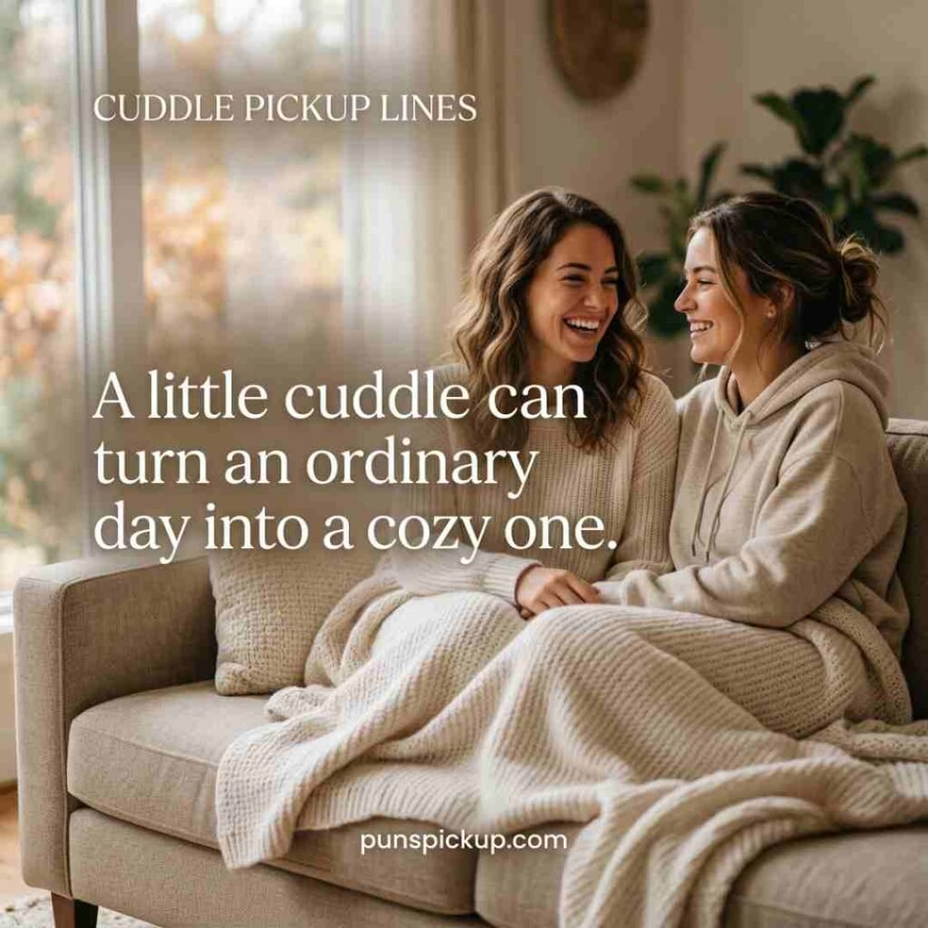 Cuddle Pickup Lines shown with two friends enjoying a cozy, wholesome moment on a sofa, warm natural lighting, soft blankets, and a prominent cute cuddle saying.