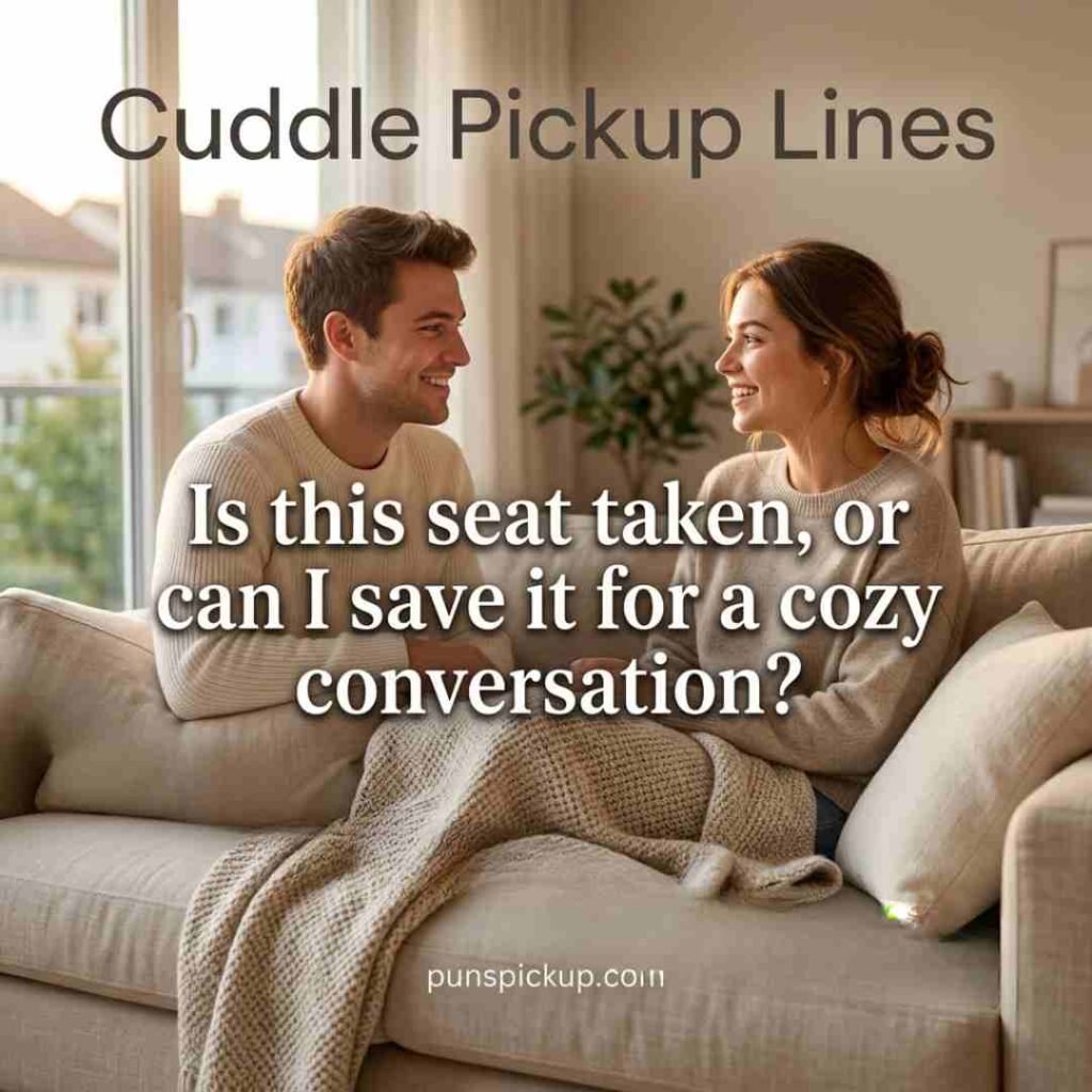 Wholesome Cuddle Pickup Lines image showing two people chatting on a cozy sofa with a gentle flirty saying and warm evening lighting.