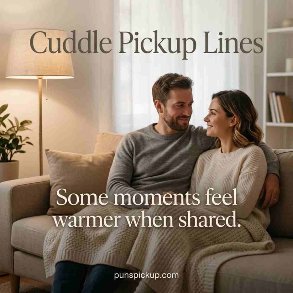 Romantic Cuddle Pickup Lines image with a couple sharing a cozy sofa moment, warm lamp lighting, soft blanket, and a heartfelt wholesome saying.