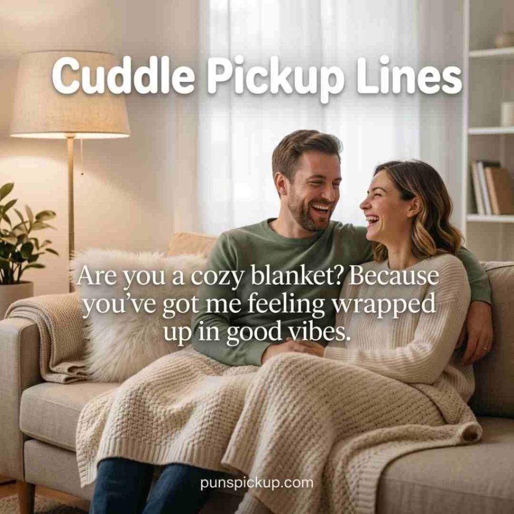 Cheesy Cuddle Pickup Lines featuring friends relaxing with a fluffy pillow and blanket, cheerful natural lighting, and a playful cozy quote.