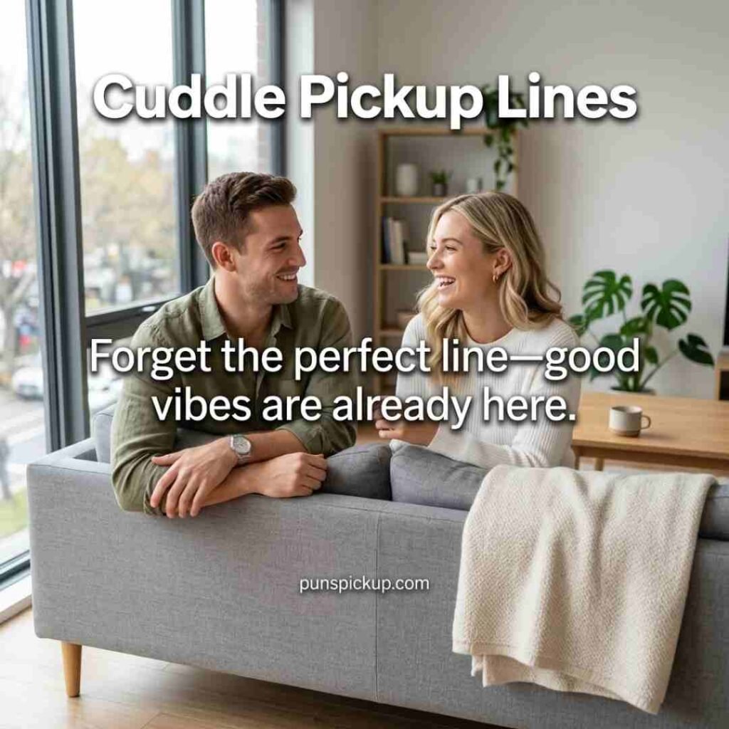 Best Cuddle Pickup Lines and wholesome rizz concept featuring two friends sharing a relaxed conversation in a warm modern setting.