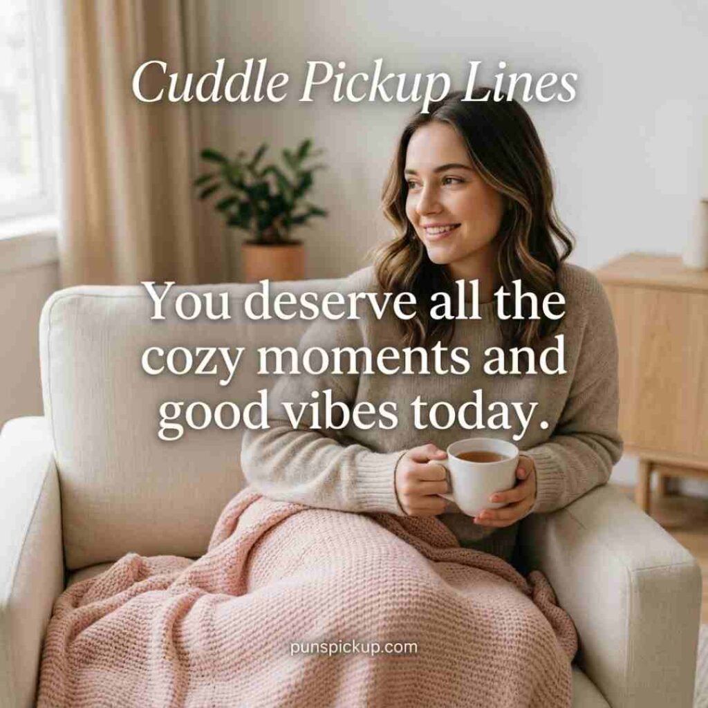 Cuddle Pickup Lines for her presented with a cozy blanket, warm mug, natural smile, soft daylight, and a sweet uplifting message.