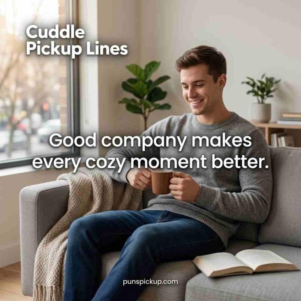 Wholesome Cuddle Pickup Lines for him featuring a relaxed man on a sofa with a blanket, book, natural lighting, and a cozy message.