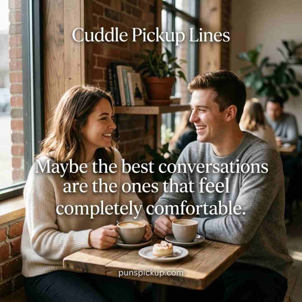 Sweet Cuddle Pickup Lines for your crush shown with two friends sharing a cozy café conversation, warm drinks, soft sunlight, and a heartfelt message.