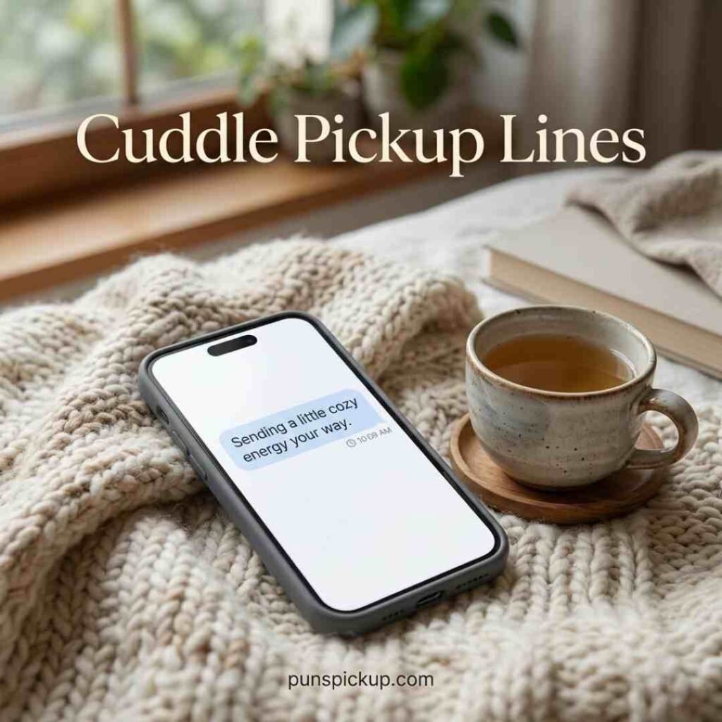 Cuddle Pickup Lines for text messages shown on a smartphone beside a cozy blanket and warm tea, featuring a short wholesome cuddle message.