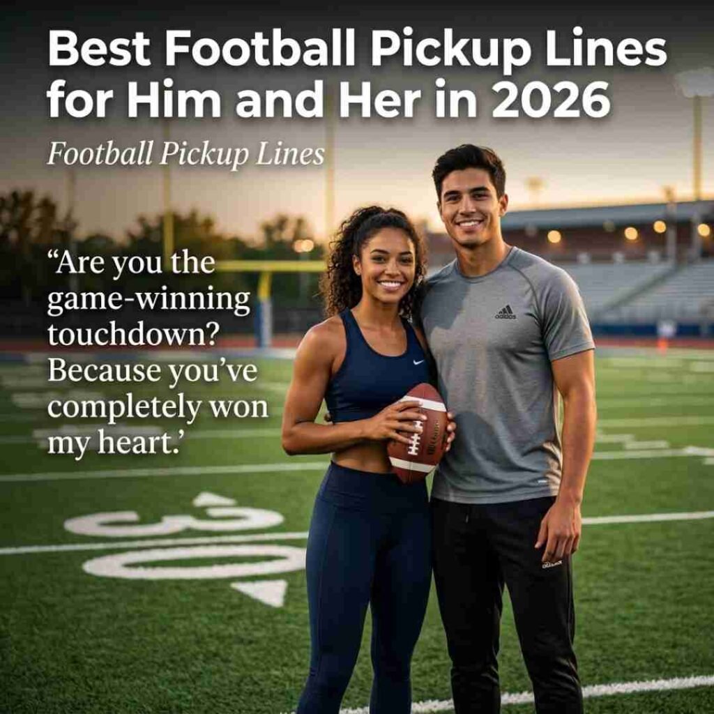 Football pickup lines featured on a realistic football field with a smiling couple, modern typography, and a romantic quote designed for blog readers and social sharing.