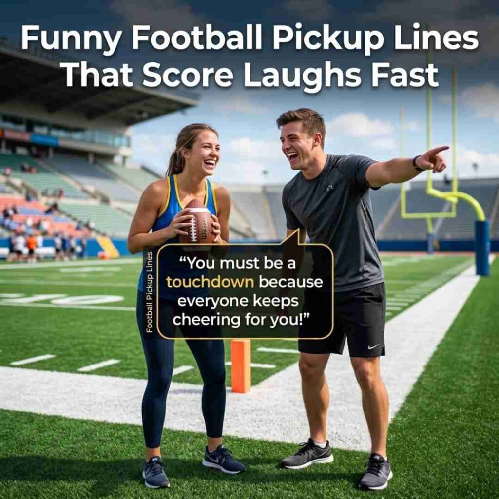 Realistic football stadium scene featuring funny moments and football pickup lines with a humorous quote perfect for Google Images and Pinterest.