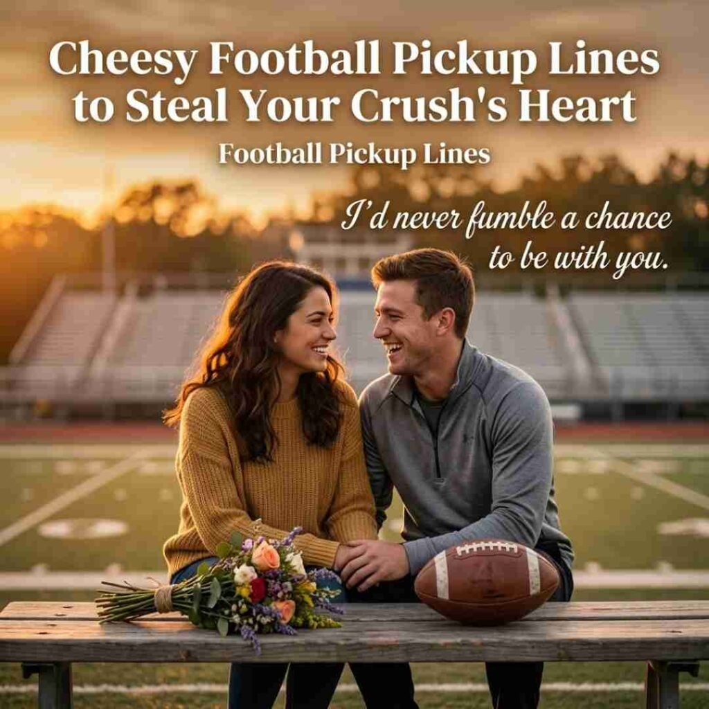 Romantic football-themed couple enjoying sunset with cheesy football pickup lines and heartfelt typography for blog and image search optimization.