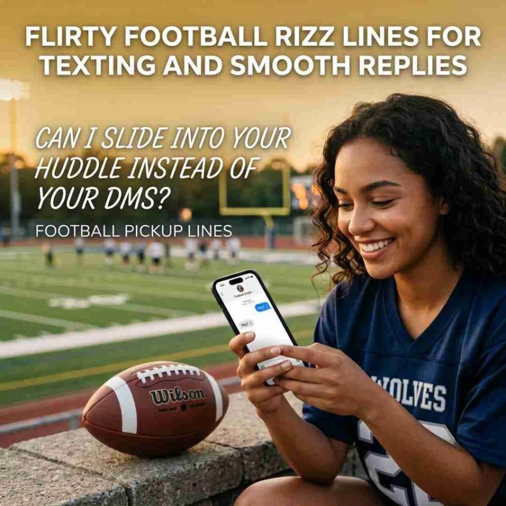 Modern texting scene featuring football pickup lines, realistic football background, and a flirty message for readers looking for smooth conversation starters.