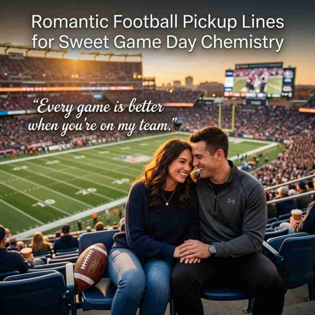A romantic stadium photograph with a couple enjoying game day and football pickup lines presented in an elegant typography layout.