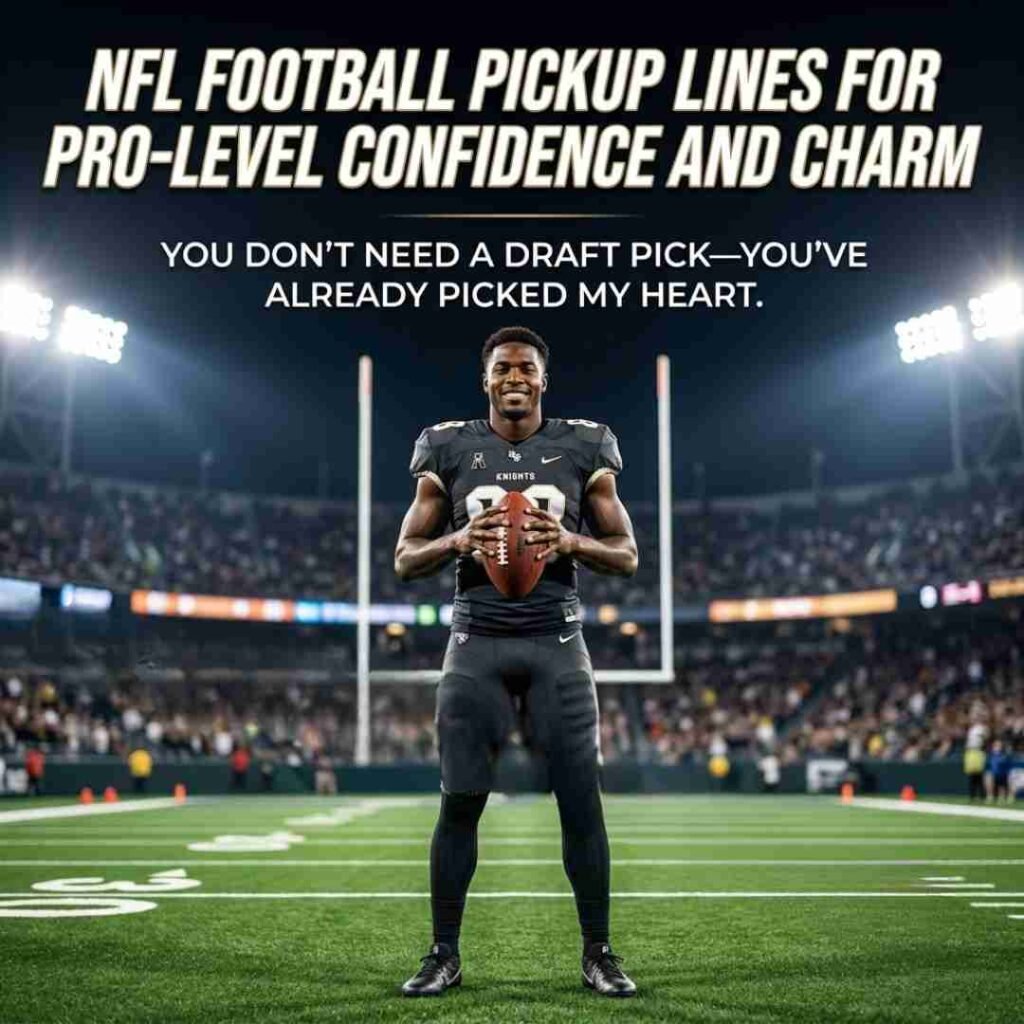 Professional football stadium image with confident athlete and stylish football pickup lines created for SEO, accessibility, and Google Image visibility.