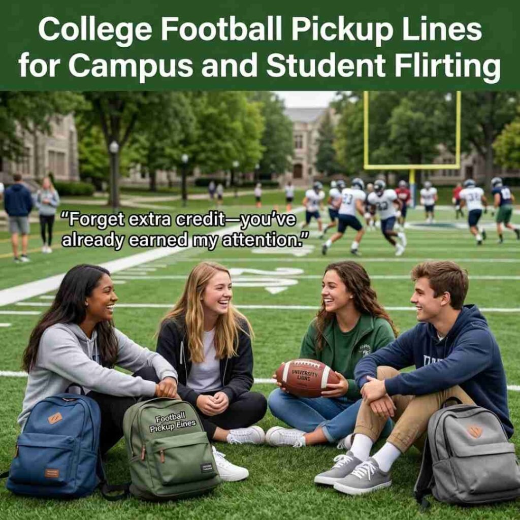 College football setting with students and football pickup lines presented in a realistic campus atmosphere for Google Image optimization.