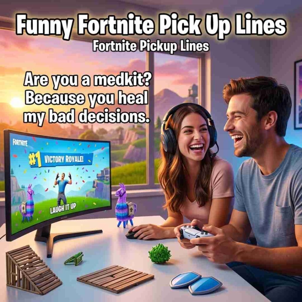 Realistic gaming scene featuring Fortnite pickup lines with funny moments, cheerful gamers, and humorous pickup line typography.
