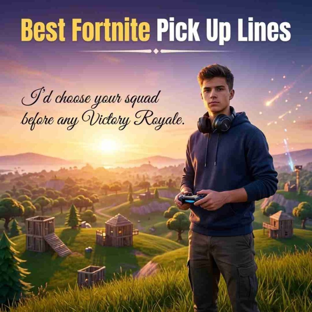 Fortnite pickup lines featured image showing a realistic gamer overlooking a Victory Royale landscape with premium lighting and the Best Fortnite Pick Up Lines heading.
