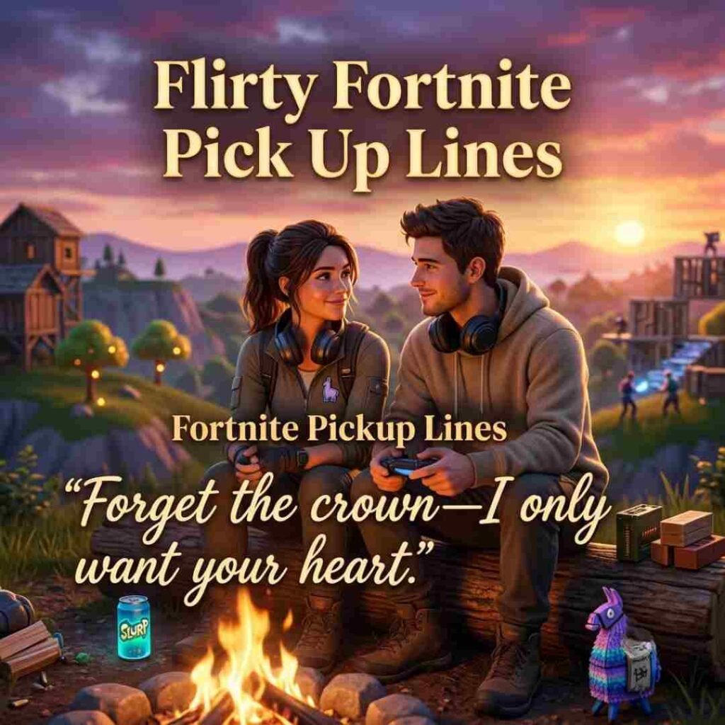 Romantic Fortnite-inspired scene with Fortnite pickup lines highlighted among two realistic gamers beside a glowing campfire.