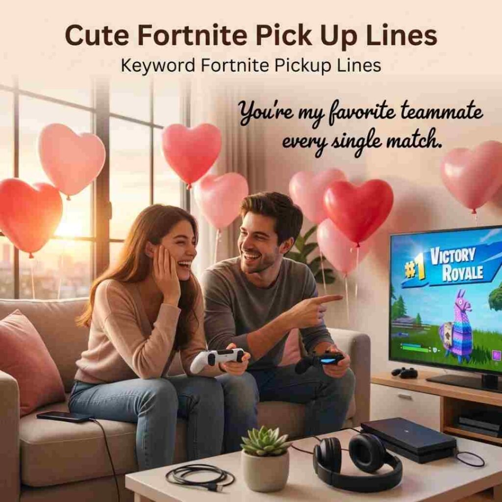 Cute realistic gamer celebration featuring adorable Fortnite pickup lines with warm lighting and premium typography.