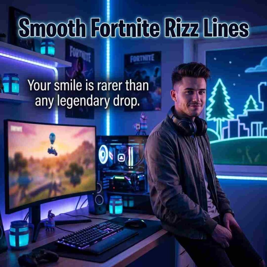 Premium gaming portrait featuring smooth Fortnite pickup lines with cinematic lighting and confident gamer styling.