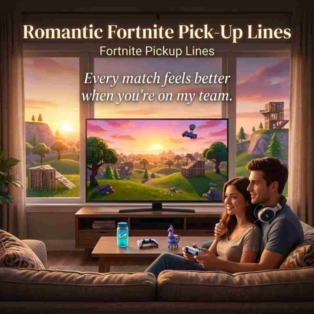 Romantic couple in a realistic Fortnite-inspired setting with beautiful Fortnite pickup lines and sunset scenery.
