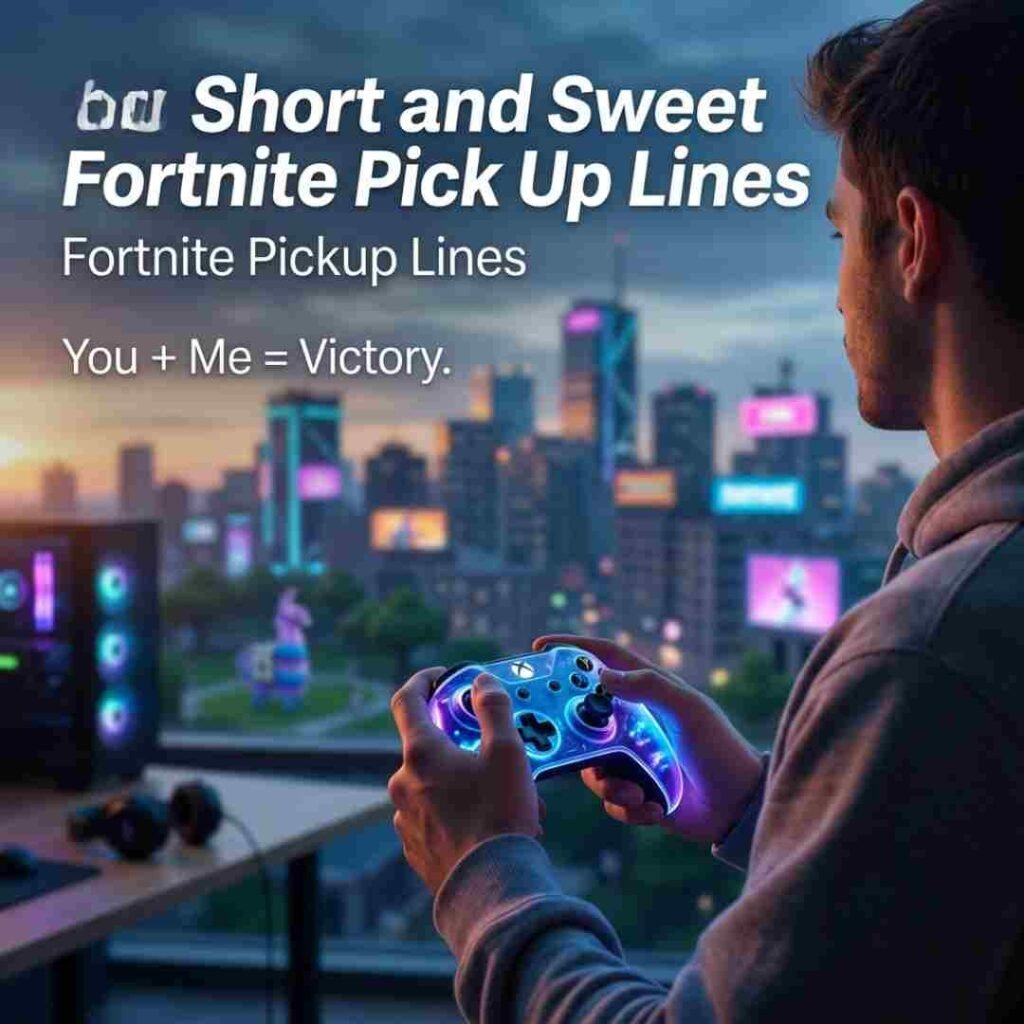 Minimal gaming design with Fortnite pickup lines, glowing controller, and a short romantic gaming quote.