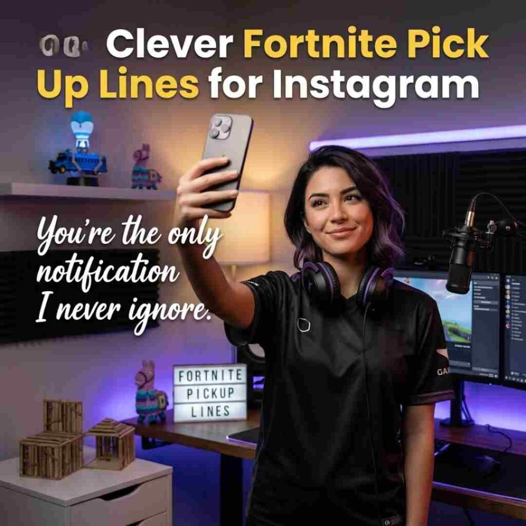 Instagram-style gaming image featuring clever Fortnite pickup lines in a premium streaming room.