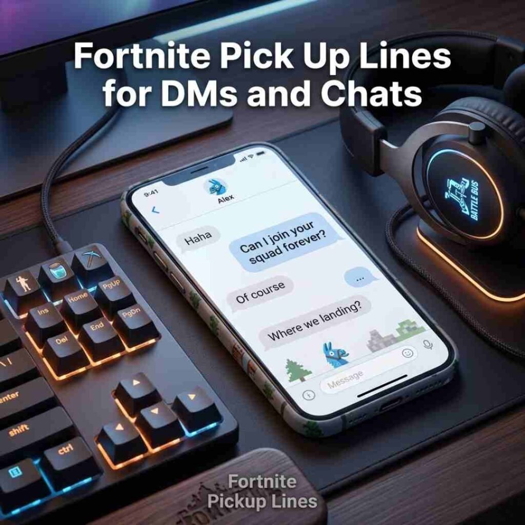 Realistic smartphone chat scene with Fortnite pickup lines for DMs, modern gaming setup, and clean typography.